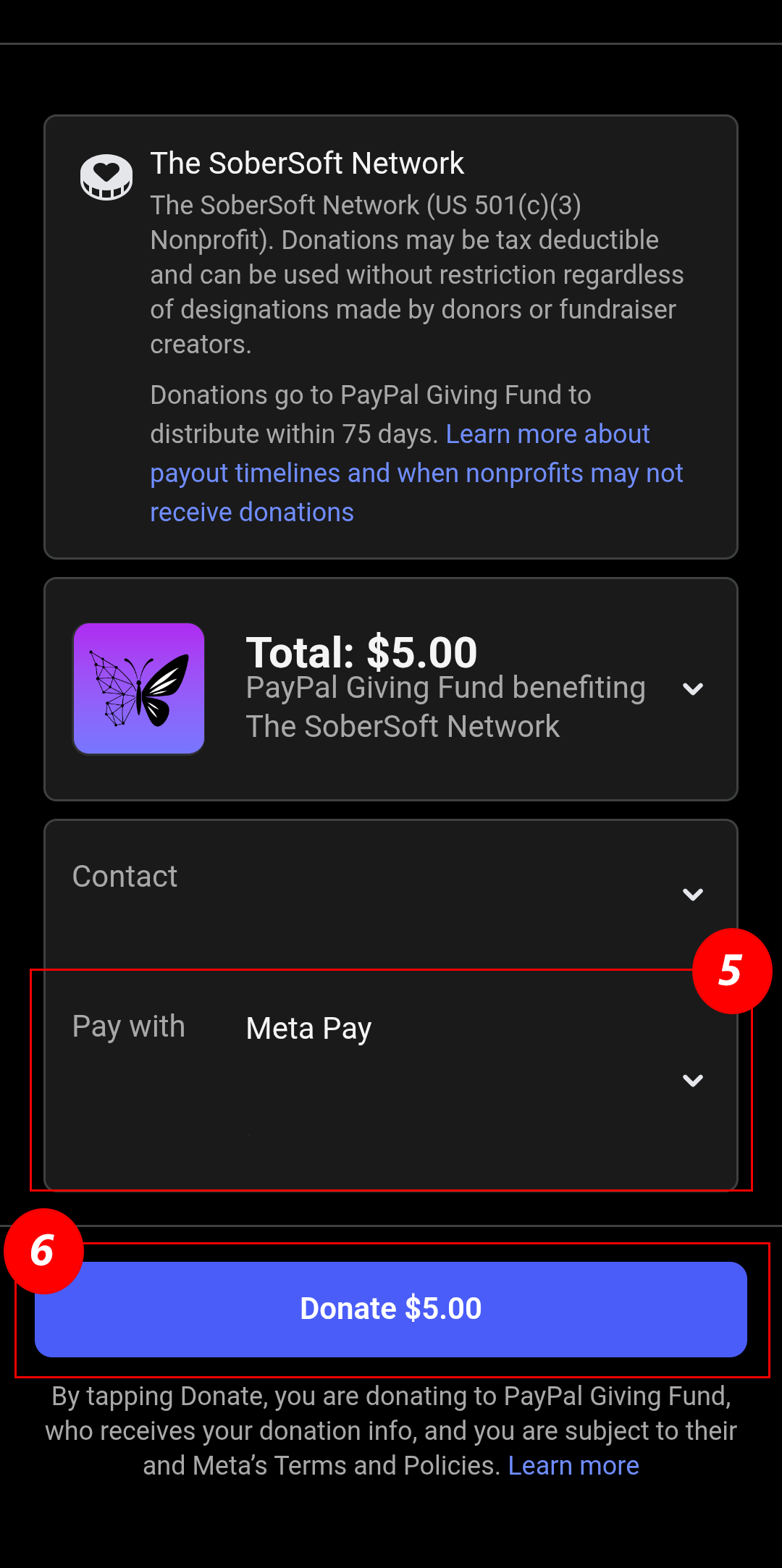 Instagram Pay with section and final Donate button